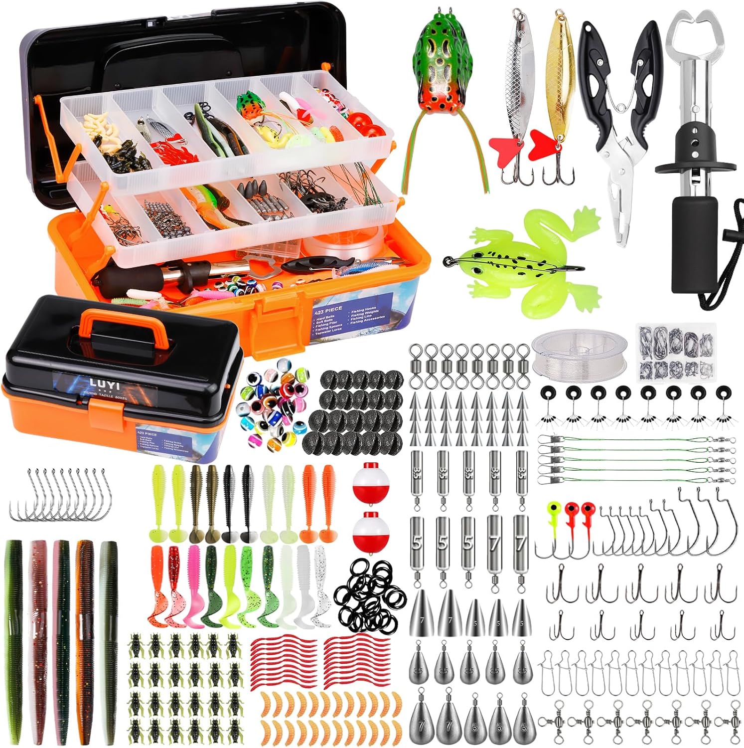 Large 3 Layers Tackle Box with Fishing Tackle Included, 423 Pcs Fishing Lures Kit Crankbaits Fishing Hooks Spoon Worm Tackle Fishing Bait Accessories for Bass Trout Freshwater Saltwater