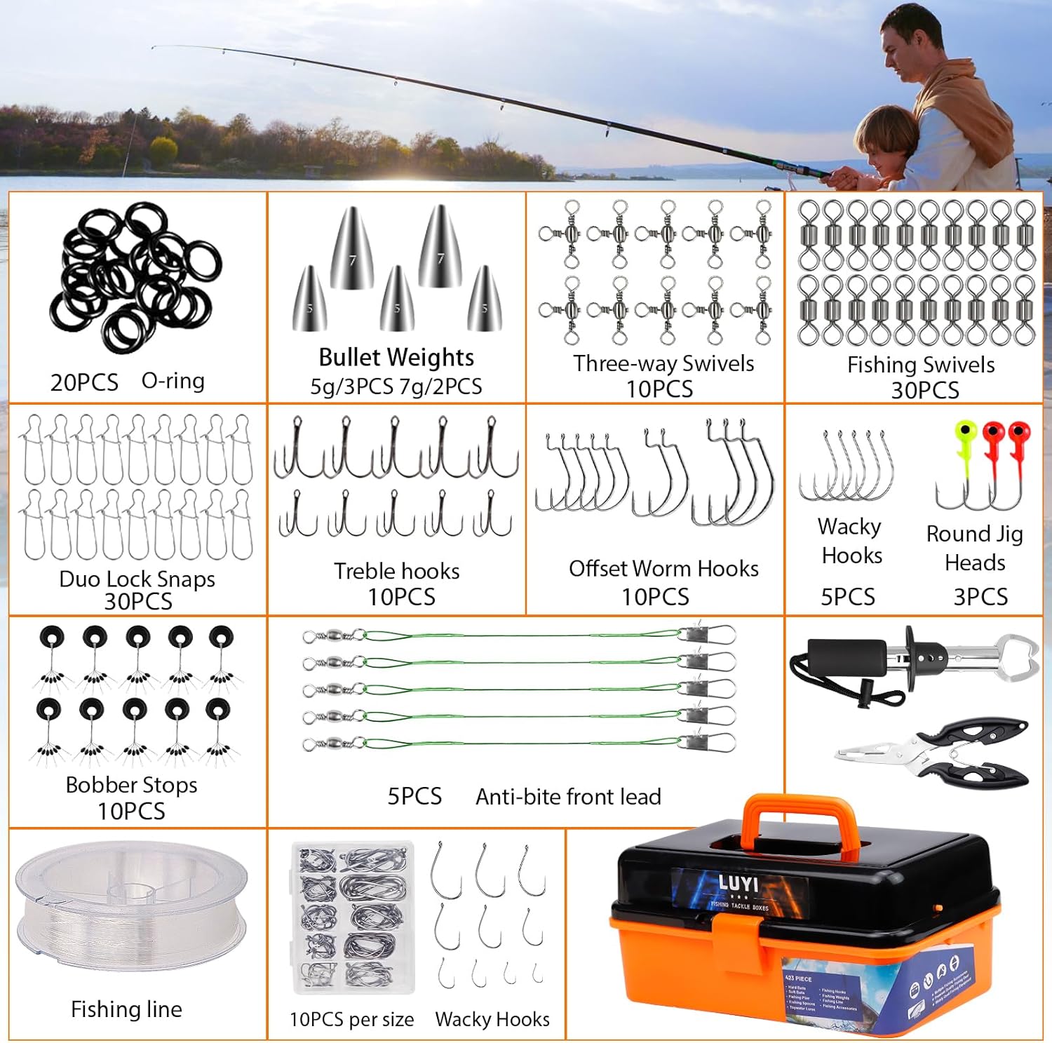 Large 3 Layers Tackle Box with Fishing Tackle Included, 423 Pcs Fishing Lures Kit Crankbaits Fishing Hooks Spoon Worm Tackle Fishing Bait Accessories for Bass Trout Freshwater Saltwater - Image 2